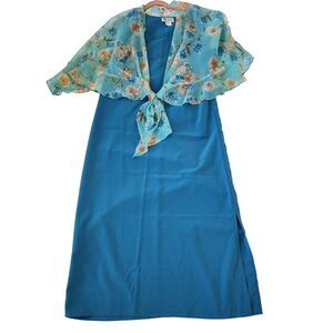 Maggie Sweets Windblown Turquoise Tank Dress Ruffled Edge Floral Blue Shawl Sz M